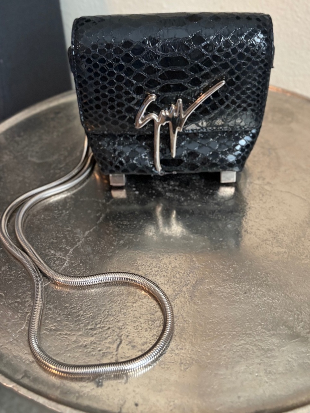 Giuseppe Zanotti Black Python Snake Embossed Signature Logo Mini Chain Crossbody